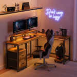 66" L Shaped Computer Desk with Power Outlets, Gaming Desk with Shelf and Drawers for Home Office, Retro Brown