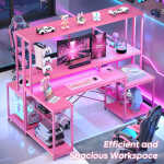 Bestier 71.5 inch Gaming Desk with LED Lights & Power Outlet, L Shaped Computer Desk with Hutch & Adjustable Shelves, Pink 3D
