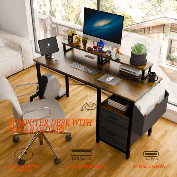 Furnibear Computer Desk with Drawer and Power Outlets, 47" Office Desk with 2 Monitor Stands and Fabric File Cabinet for Home