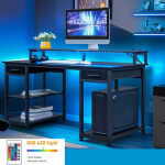 Ktaxon Gaming Desk with 2 Power Outlets&USB, Computer Desk with 15 Adjustable Light, Study Writing Table with Large Desktop, for