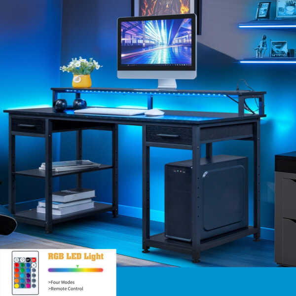 Ktaxon Gaming Desk with 2 Power Outlets&USB, Computer Desk with 15 Adjustable Light, Study Writing Table with Large Desktop, for