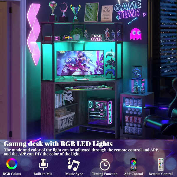 Homieasy Corner Computer Desk with Power Outlets & LED Light, Corner Desk with Hutch, Triangle Gaming Desk with Keyboard Tray,