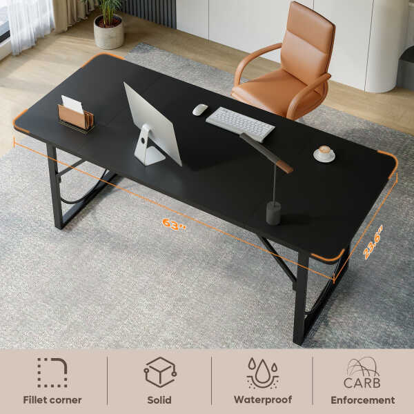 Pinmoco 63" Executive Desk, Lager Writing Desk with Metal Frame, Home and Office, Black with Walnut