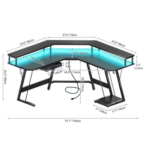 Dextrus L-Shaped Gaming Desk with Large Monitor Riser Stand, Corner Computer Desk with LED & Power Outlets, Carbon Corner Desk
