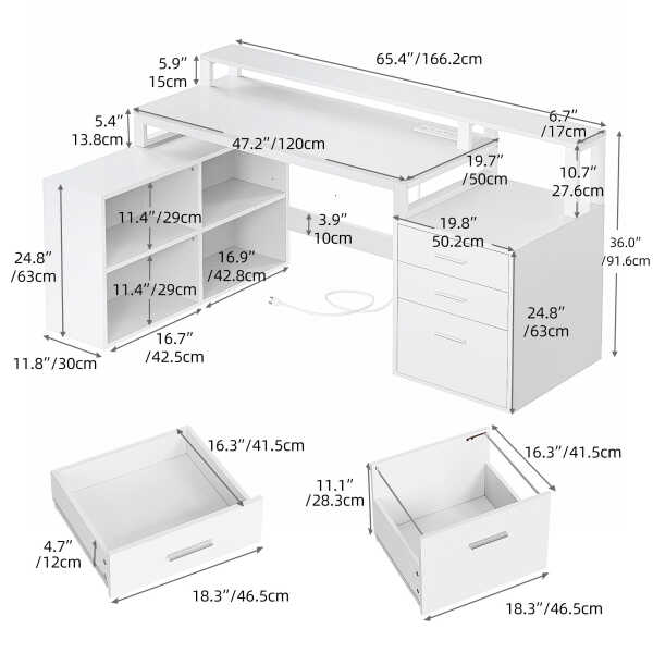 Dextrus 65" L Shaped Desk with Power Outlets and Monitor Stand , Computer Desk with LED Light &File Cabinet, Corner Desk with 3