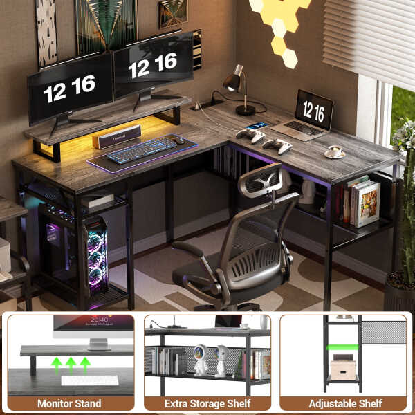Homieasy L Shaped Computer Desk with Magic Power Outlets and Smart LED Light, Reversible 55 Inch Corner Office Desk with Monitor