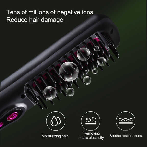 OHHSUN Cordless Hair Straightener Brush, Portable Negative Ion Hot Comb with USB Rechargeable Feature Fast Heating 3 Temp