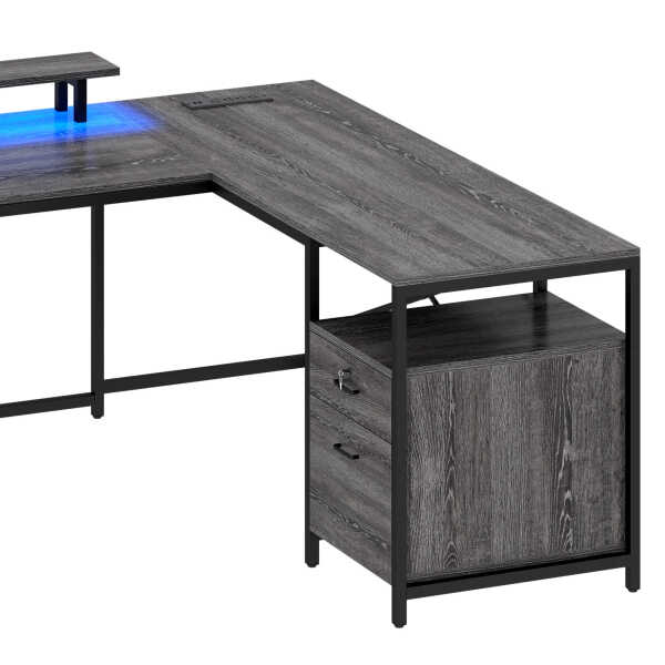 Wooflex Reversible U-Shaped Desk with Monitor Stand, Power Outlets & LED Lights, L-Shaped and Long Home Office Desk with Drawers