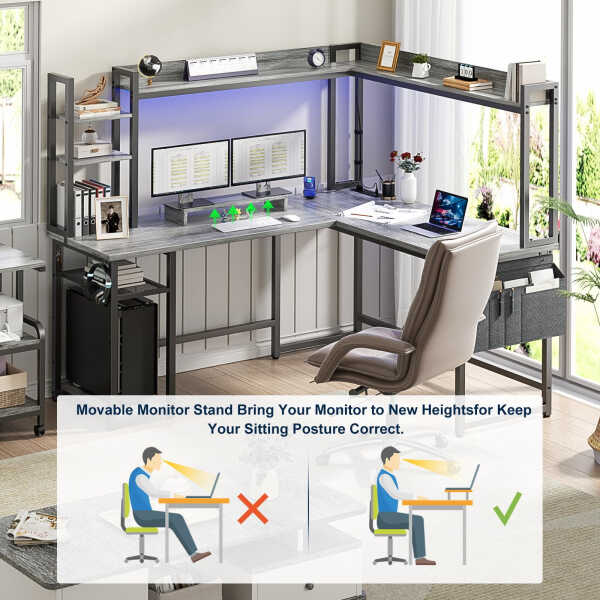 Homieasy L Shaped Desk with Power Outlet and LED lights, Reversible Corner Computer Desk with Hutch and Storage Shelf, Ergonomic