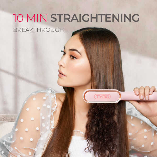 TYMO Ring Hair Straightener Brush, Hair Straightening Iron with Built-in Comb, Anti-Scald & Dual Voltage, Pink