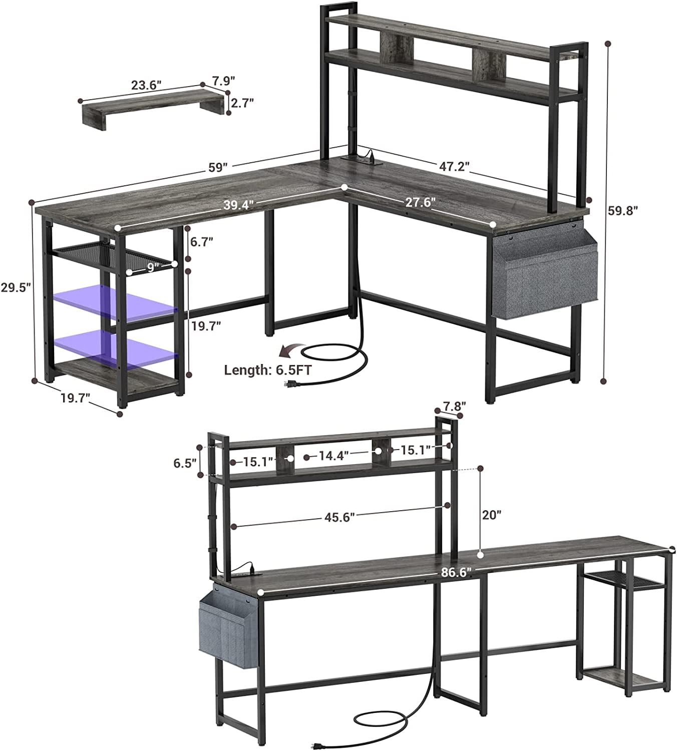 Homieasy L Shaped Desk with Power Outlet & USB Ports, 86.6'' Reversible L-Shaped Gaming Desk with Monitor Stand & LED Strip, 2