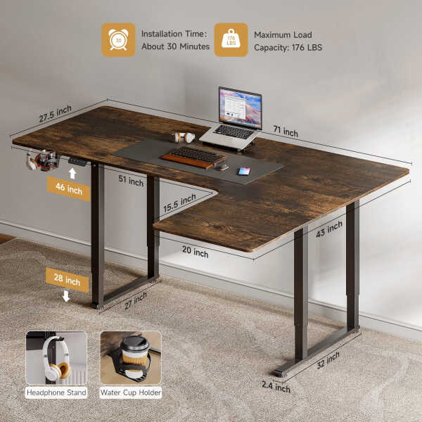 63x43 Inches L Shaped Standing Desk, Electric L Stand Up Desk with 4 Legs, Adjustable Height from 28-46 Inches for Home and