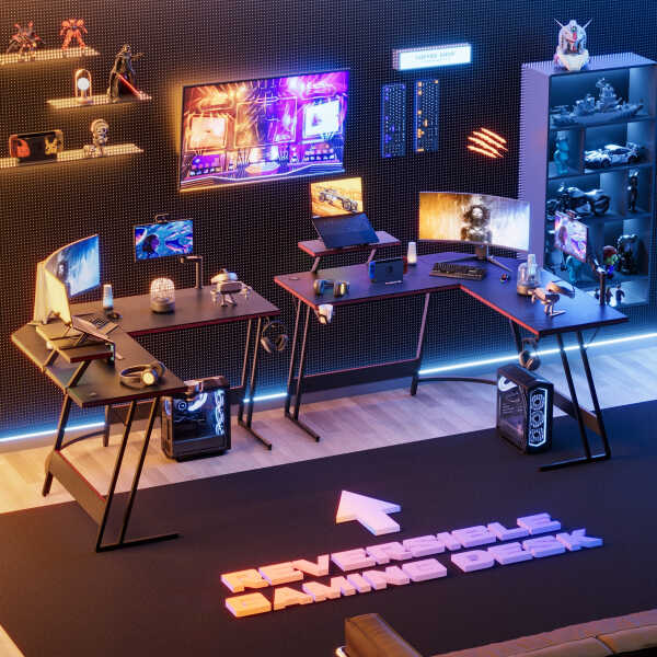 Homall L-Shaped Gaming Desk 51.2 Inches Corner Office Desk with Removable Monitor Riser, Black