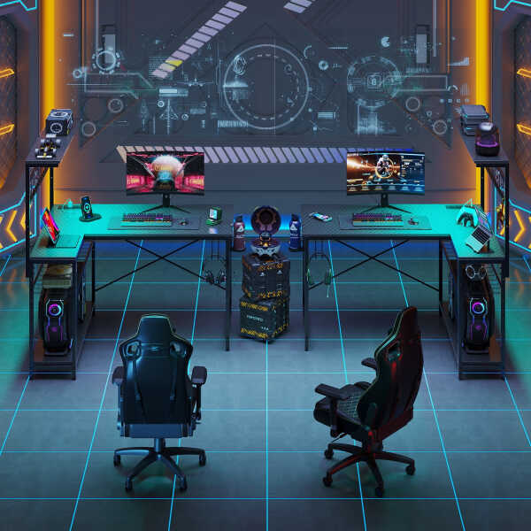 Bestier 42 inch Gaming Desk with LED Lights & Power Outlet, Reversible L Shaped Computer Desk with Hutch & Storage Shelves,