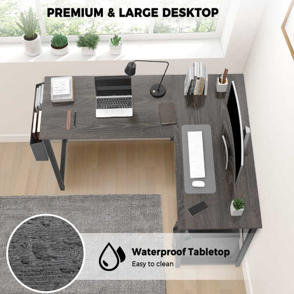 CONCETTA L Shaped Computer Desk with Wooden Desktop CPU Stand Side Bag Reversible, White