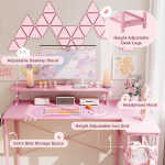 Dowinx 43" L-Shaped Gaming Desk Cute with Cat Accessories, Corner Desk with Power Outlet & Monitor Shelf for Adult and Girl,
