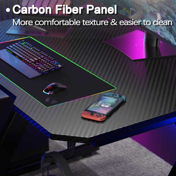 Homall 44 Inches Z-Shaped Gaming Desk Carbon Fiber Surface Desk with Cup Holder & Headphone Hook, Black