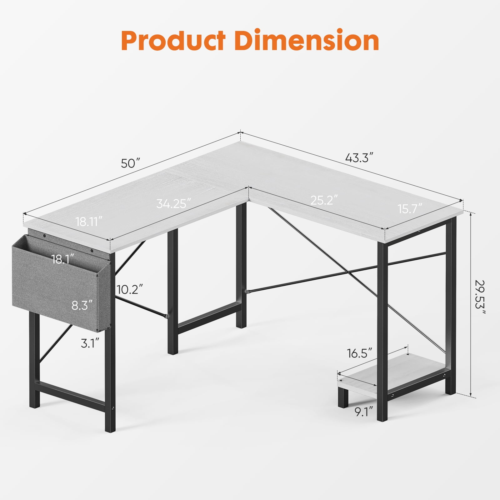 CONCETTA 49 Inch Modern L Shaped Computer Desk with Lower Storage Shelf & Side Bag, Two-Way Convertible Corner Gaming Table for