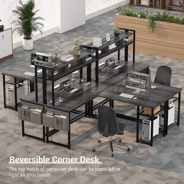 Homieasy L Shaped Desk with Power Outlet & USB Ports, 86.6'' Reversible L-Shaped Gaming Desk with Monitor Stand & LED Strip, 2