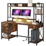 Dextrus 59.1"Computer Desk with Power Outlets & Hutch, Office Desk with Storage Shelves & Drawers with Lock, Gaming Desk with