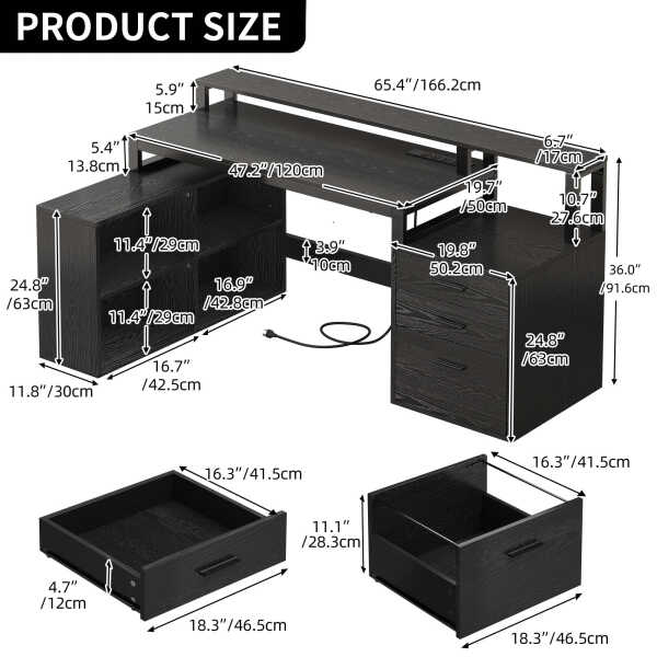 Dextrus 65" L Shaped Desk with Power Outlets and Monitor Stand , Computer Desk with LED Light &File Cabinet, Corner Desk with 3