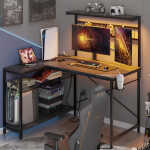 Bestier 42 inch Gaming Desk with LED Lights & Power Outlet, Reversible L Shaped Computer Desk with Hutch & Storage Shelves,