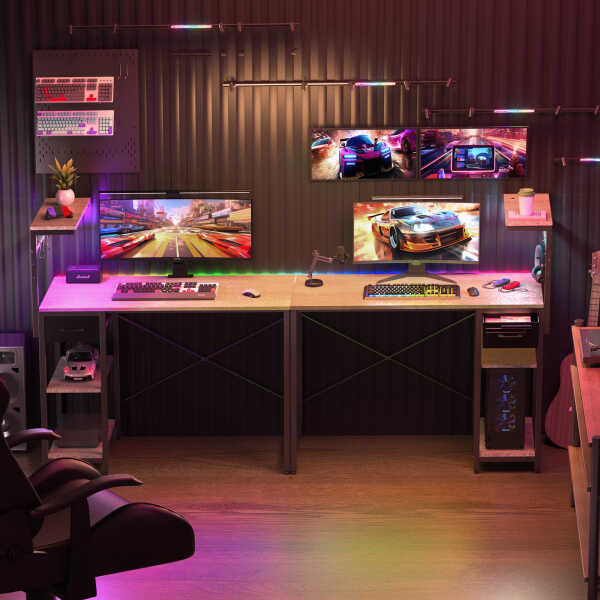 Eunon 44 inch Gaming Computer Desk with LED Lights, Reversible 4 Tier Storage Shelves & Drawer,Pink