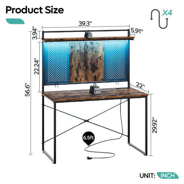 Bestier Gaming Desk with Power Outlets & LED Light, 39.3 Inch Computer Desk Office Table with Storage Shelves Pegboard, Rustic
