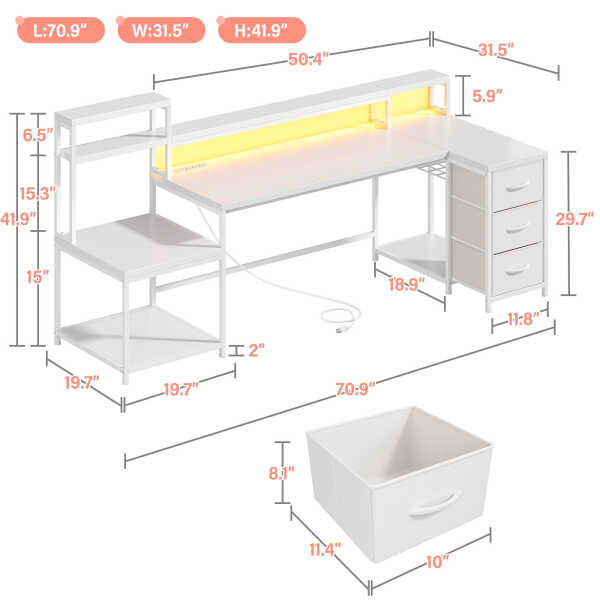 Enhomee 70.9" L Shaped Gaming Desk, Computer Desk with Power Outlet & LED Light, Home Office Desks with Drawers, Black