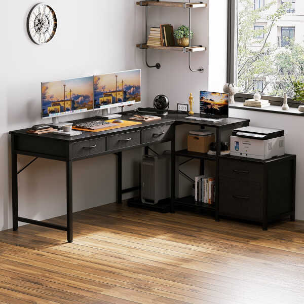 L Shaped Gaming Desk with File Drawer & Power Outlet, 53" Reversible Home Office Desk with Monitor Stand & Storage Drawers,
