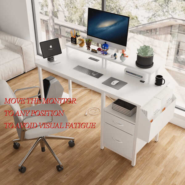 Furnibear Computer Desk with Drawer and Power Outlets, 47" Office Desk with 2 Monitor Stands and Fabric File Cabinet for Home