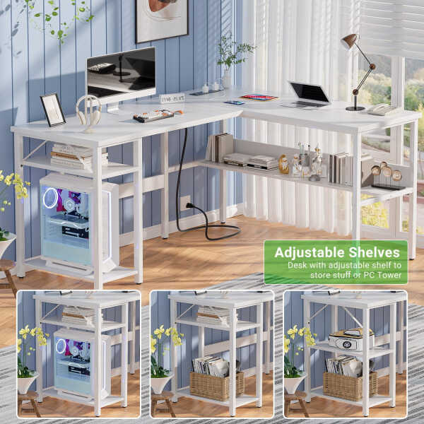 Homieasy Reversible L Shaped Desk with Magic Power Outlets and USB Charging Ports, Sturdy Corner Computer Desk with Storage