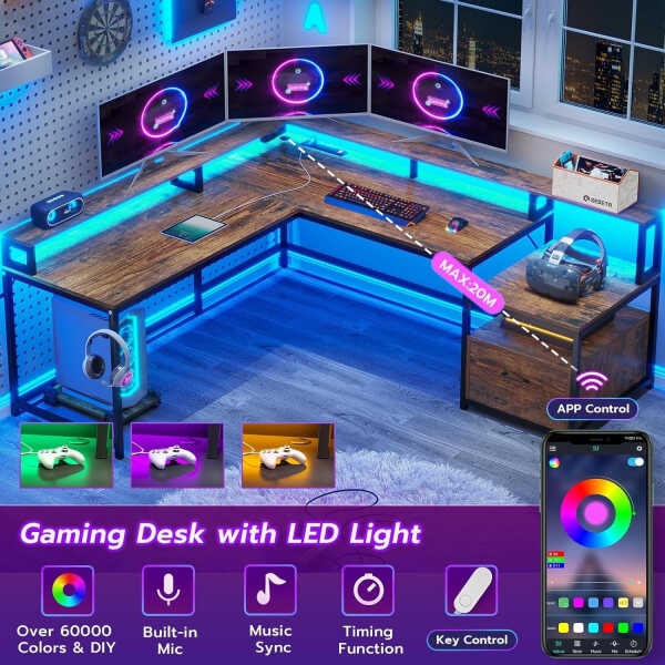 L Shaped Desk with Power Outlet and LED Lights, Corner Computer Desk with File Drawer for Home Office, Gaming Desk, Rustic Brown