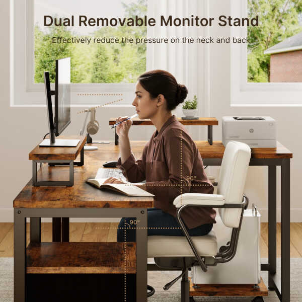 66" L Shaped Computer Desk with Power Outlets, Gaming Desk with Shelf and Drawers for Home Office, Retro Brown