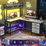 iSunirm L Shaped Gaming Desk with Storage, Computer Gaming Desk with LED Lights & Hutch, Reversible Computer Desk with Power