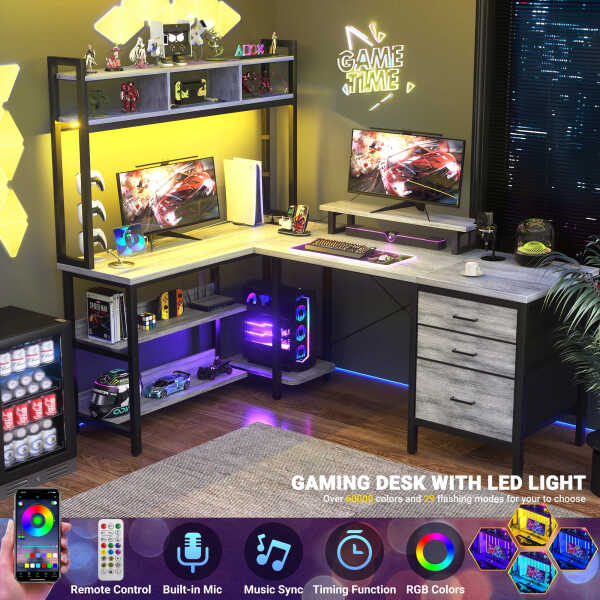 iSunirm L Shaped Gaming Desk with Storage, Computer Gaming Desk with LED Lights & Hutch, Reversible Computer Desk with Power