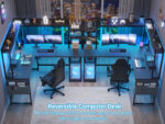 Homieasy L Shaped Desk with Power Outlet and LED lights, Reversible Corner Computer Desk with Hutch and Storage Shelf, Ergonomic