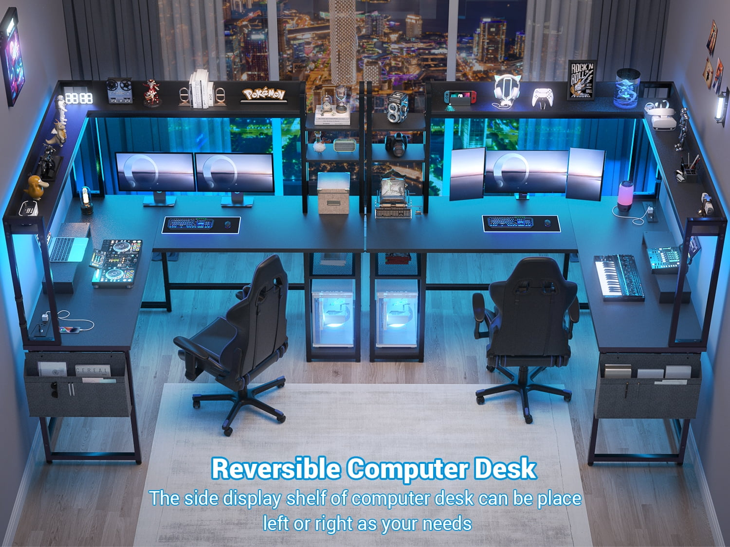 Homieasy L Shaped Desk with Power Outlet and LED lights, Reversible Corner Computer Desk with Hutch and Storage Shelf, Ergonomic