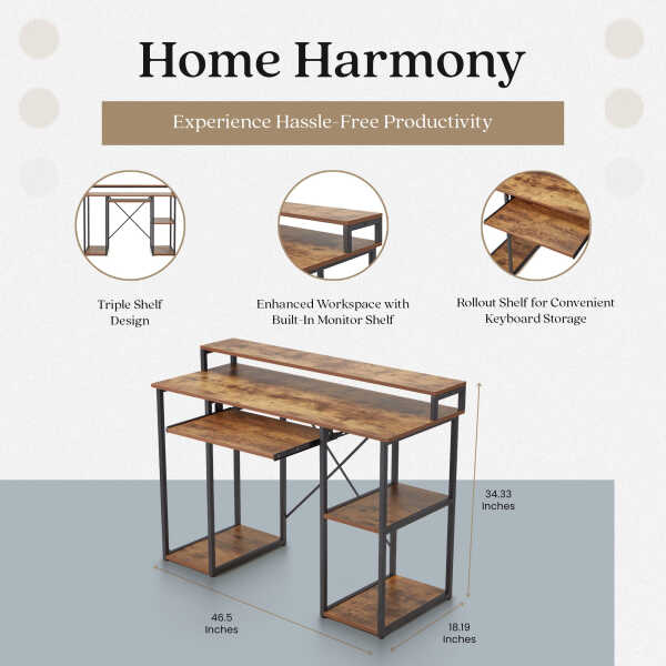 JOMEED Computer Desk with Monitor Shelf for At-Home Office, Brown/Black
