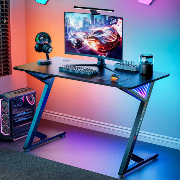 ARES WING 47" Gaming Table with LED Light, Computer Desk for Adult, PC Ergonomic Table White