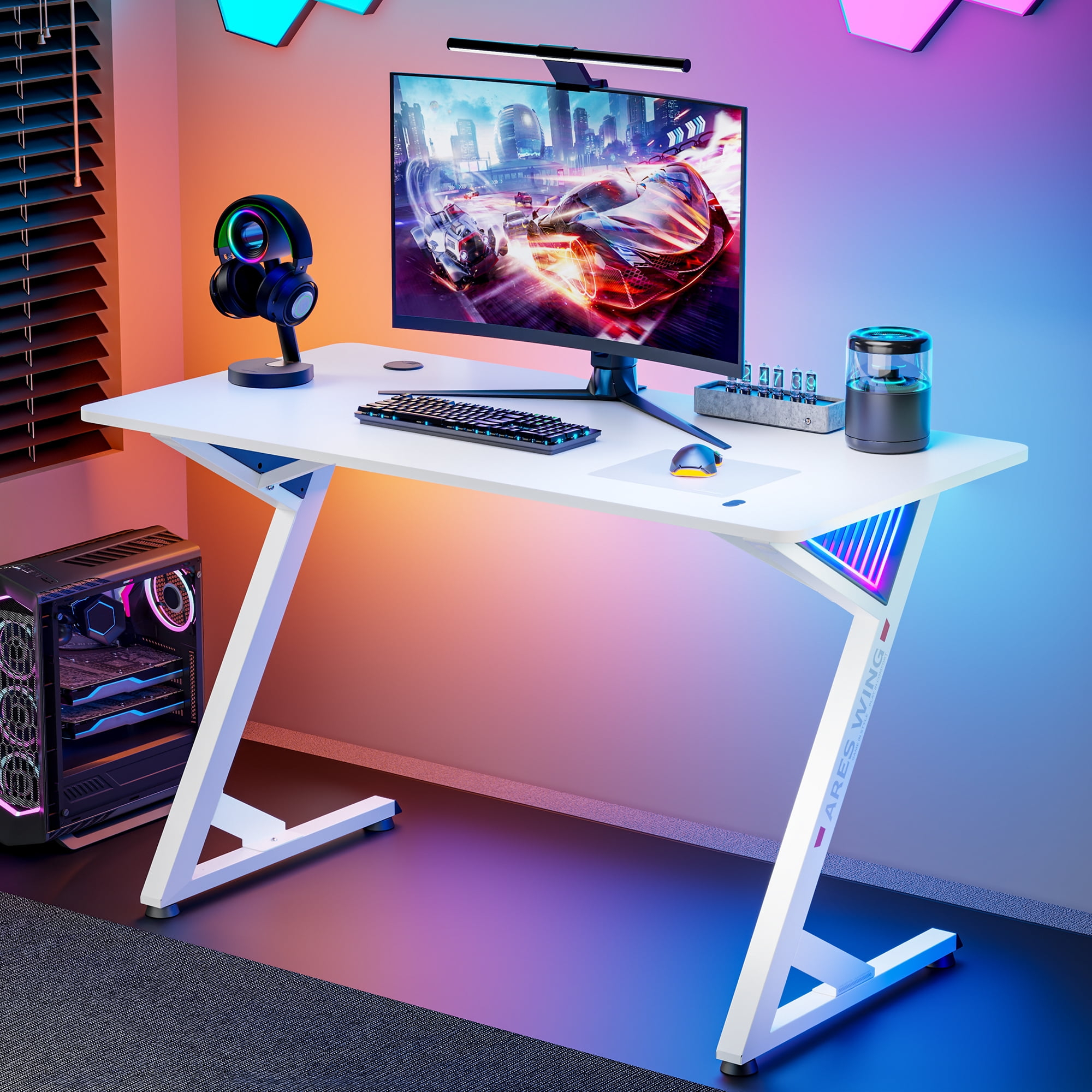 ARES WING 47" Gaming Table with LED Light, Computer Desk for Adult, PC Ergonomic Table White