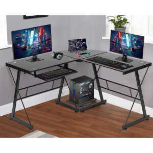 BestOffice Modern Easy Assembly L Shape Desk with Keyboard, Black