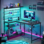 Bestier 42 inch Gaming Desk with LED Lights & Power Outlet, Reversible L Shaped Computer Desk with Hutch & Storage Shelves,