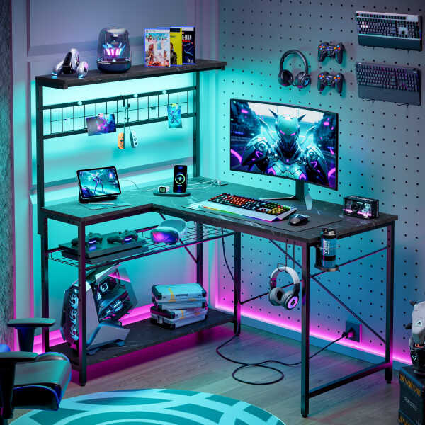 Bestier 42 inch Gaming Desk with LED Lights & Power Outlet, Reversible L Shaped Computer Desk with Hutch & Storage Shelves,
