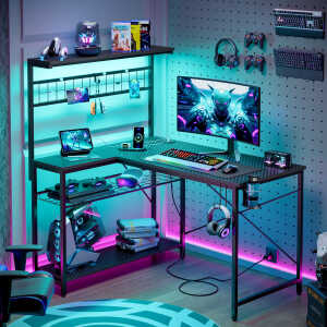 Bestier 42 inch Gaming Desk with LED Lights & Power Outlet, Reversible L Shaped Computer Desk with Hutch & Storage Shelves,