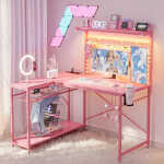 Bestier 42 inch Gaming Desk with LED Lights & Power Outlet, Reversible L Shaped Computer Desk with Hutch & Storage Shelves,