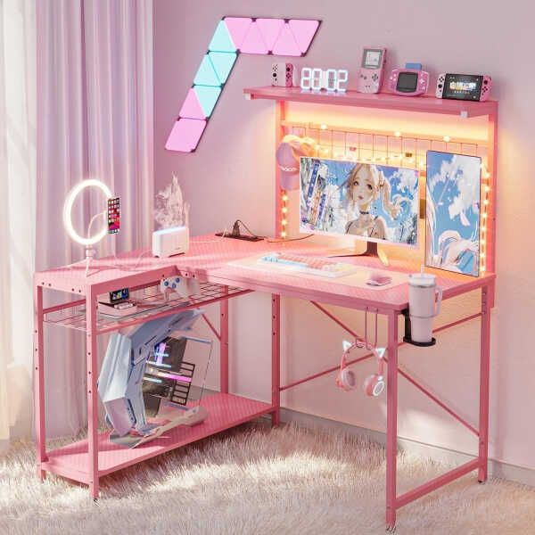 Bestier 42 inch Gaming Desk with LED Lights & Power Outlet, Reversible L Shaped Computer Desk with Hutch & Storage Shelves,