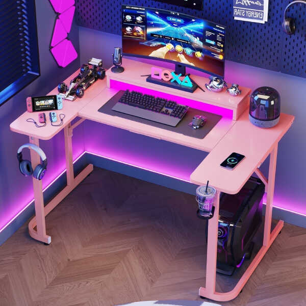 Bestier 51 inch Gaming Desk with LED Lights, U-Shaped Computer Desk with Monitor Stand, Hooks and Cup Holder, Home Office Desk,