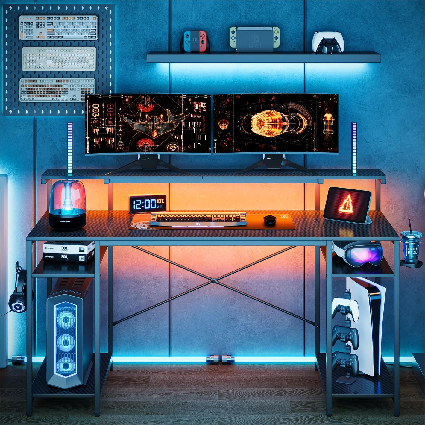 Bestier 55" Gaming Desk with LED Light & Monitor Stand Computer Desk Corner Desk for Home Office, Black Carbon Fiber