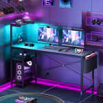 Bestier 61" Reversible Gaming Desk with PC Shelf Computer Desk with LED Light Carbon Fiber